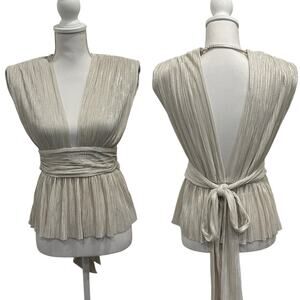 Sabina Musayev NWT Shelby Top Off-White Metallic Pleated Wrap Blouse Preppy Glam
